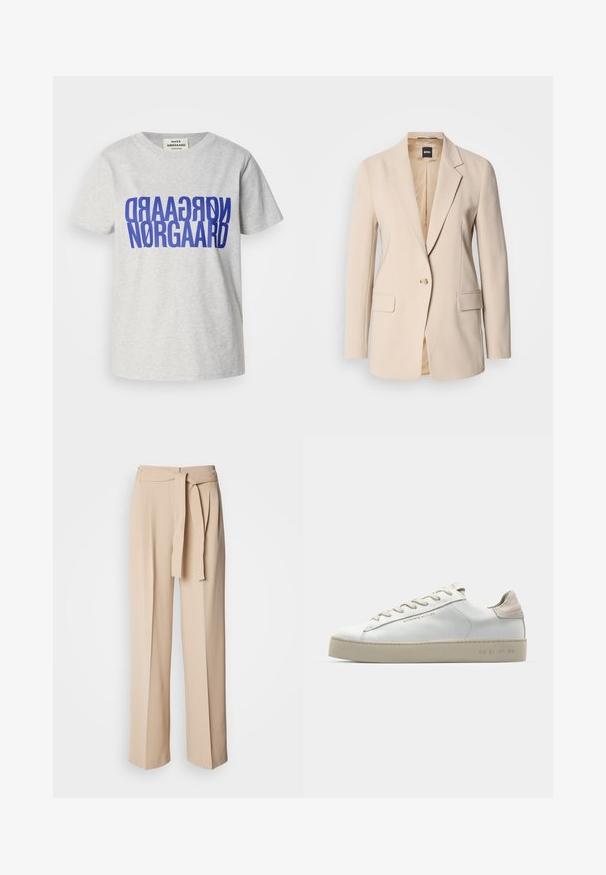 Beige blazer i slät tyg med enkel knappstängning, två framfickor och design med spetsigaslag. Insidan är tan.; Grå bomullströja med stor, fet blå text som står "NØRGAARD" både vertikalt och horisontellt. Rund halsringning, korta ärmar.; Beiga högmidjade byxor med knytbälte, vida ben, slätt tyg och mjuk textur. Har veck framtill.; Vit lädersneaker med en slät yta, beige mockadetaljer, rund tå, platt snörningsdesign och en texturerad gummisula.
