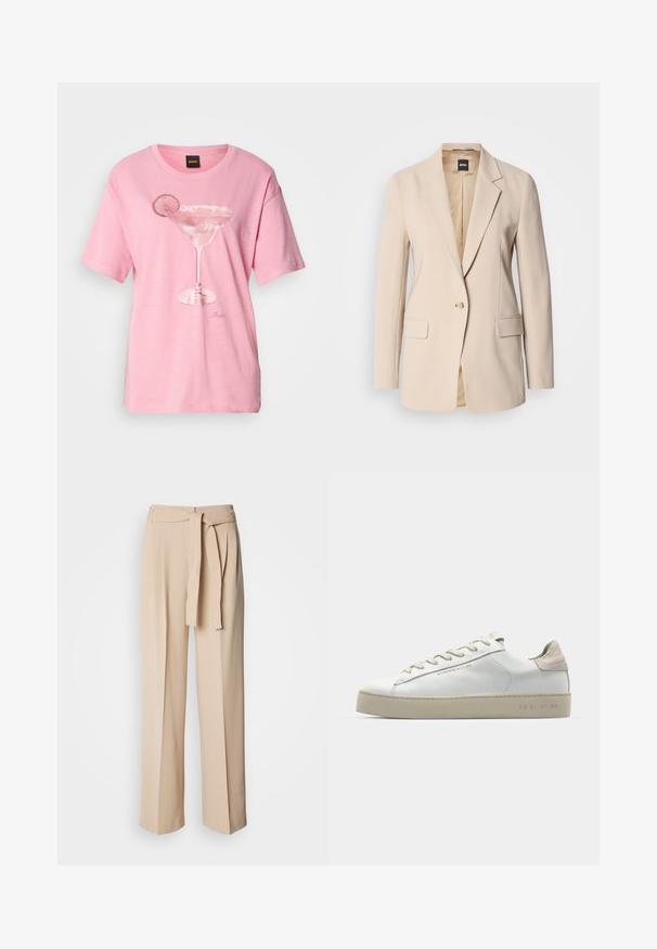 Beige blazer van gladde stof, met een enkele knoopsluiting, twee voorzakken en een gesneden revers. De binnenkant is tan.; Roze katoenen t-shirt met een bedrukte margarita glas ontwerp met een limoen-schijfje. Korte mouwen en een ronde halslijn.; Beige high-waisted broeken met een strikceintuur, wijde pijpen, gladde stof en een zachte textuur. Voorzien van plooien aan de voorkant.; Witte leren sneaker met een glanzende afwerking, beige suède accenten, ronde neus, platte vetersluiting en een getextureerde rubberen zool.