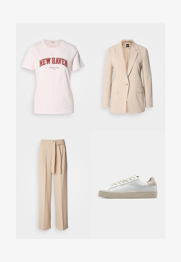 Sima anyagból készült bézs blézer, egyetlen gombos zárással, két elülső zsebbel és hajtókás gallérral. Belső része barna.; Világos rózsaszín pamut póló, amelyen vastag piros betűkkel szerepel a "NEW HAVEN" felirat, alatta a "SPORTS CLUB" felirattal. Rövid ujjak és kerek nyakkivágás jellemzi.; Beige, magas derekú nadrág, kötényövel, bő szárú design, sima anyag, és puha textúra. Elöl redők találhatók.; Fehér bőr sportcipő sima felülettel, bézs velúr díszítéssel, kerek orrrésszel, lapos fűzős kivitelben, és mintás gumitalppal.