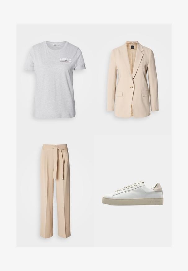 Beige blazer van gladde stof, met een enkele knoopsluiting, twee voorzakken en een gesneden revers. De binnenkant is tan.; Lichtgrijze katoenen t-shirt met een ronde hals, korte mouwen en een gedrukt logo in wit en donkerrood op de linker borst.; Beige high-waisted broeken met een strikceintuur, wijde pijpen, gladde stof en een zachte textuur. Voorzien van plooien aan de voorkant.; Witte leren sneaker met een glanzende afwerking, beige suède accenten, ronde neus, platte vetersluiting en een getextureerde rubberen zool.