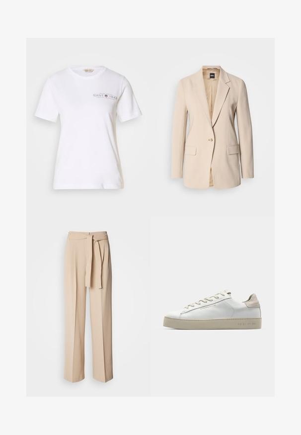 Blazer beige en tissu lisse, avec une fermeture à un seul bouton, deux poches avant et un design à revers. L'intérieur est tan.; T-shirt en coton blanc à manches courtes, col rond, avec un logo et un texte imprimés en gris foncé sur le devant. Texture lisse.; Pantalons beiges taille haute avec ceinture à nouer, design à jambes larges, tissu lisse et texture douce. Présente des plis à l'avant.; Sneaker en cuir blanc avec une finition lisse, accents en suède beige, bout arrondi, design à lacets plats et semelle en caoutchouc texturée.