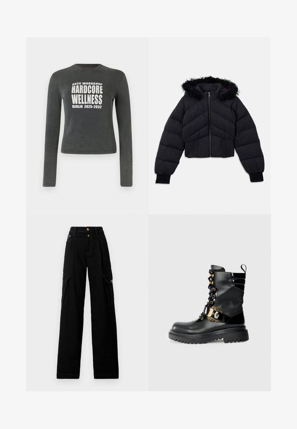 Must must kaalune jakken, millel on lühendatud disain, karusnahkäärega kapuuts, tikitud tekstuur ja elastsed mansetid. Ees on tõmblukk.; Tumehall pikkade varrukatega särk, mille ees on keskelt kirjutatud valgete tähtedega "032C Workshop Hardcore Wellness Berlin 2025-2032".; Mustad mustad lõpppüksid, millel on nupuga sulgemine, vööpaelad, külgmised klapiga taskud ja kontrastne valge õmblus, asetatuna tasasele valgele taustale.; Musta nahast pahkluu saabas, millel on läikivad aktsendid, paelad, kuldne pandla detail ja paks pöial, millel on tekstureeritud mustriga talla.