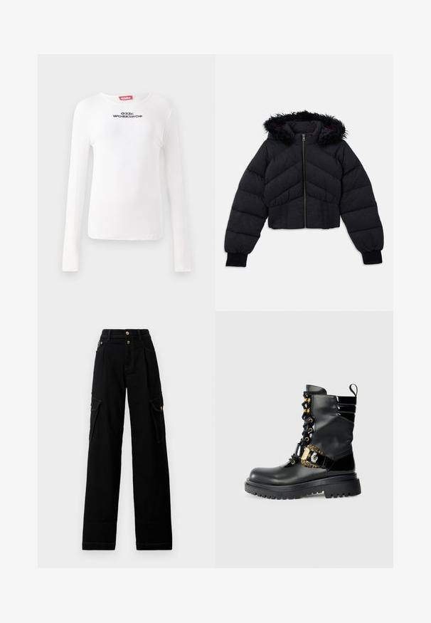 Musta puhvijakku, jossa on lyhennetty malli, karvatupsu hupussa, tikattu rakenne ja elastiset hihansuut. Vetoketjusulku edessä.; Pitkähihainen valkoinen T-paita ribbikankaasta. Edessä rintamuksessa on musta "032c WORKSHOP" -teksti ja helmassa on huomaamaton logo.; Mustat leveät cargo-housut, joissa on nappisuljenta, vyölenkit, sivutaskut ja kontrastivalkoinen tikkaus, aseteltuna litteänä valkoista taustaa vasten.; Mustat nahkasaappaat, joissa on kiiltävät yksityiskohdat, nauhat, kultainen solki ja paksu pohja, jossa on teksturoitu pito.