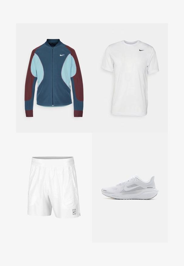 Nike hardloopjack met een ritssluiting aan de voorkant, blauwe en bordeauxrode panelen, ribgebreide manchetten en een klein wit logo op de borst. Gladde stoftextuur.; Witte korte mouwen t-shirt gemaakt van gladde stof. Voorzien van een ronde hals en een klein zwart Nike-logo op de linkerborst.; Witte sportshorts gemaakt van lichtgewicht stof met een elastische tailleband, voorzien van twee zijzakken en een klein zwart logo op de zoom.; Witte sportieve schoen met een mesh bovenwerk, gladde textuur overlays, grijze accenten, veters en een gevoerde zool ontworpen voor prestaties.