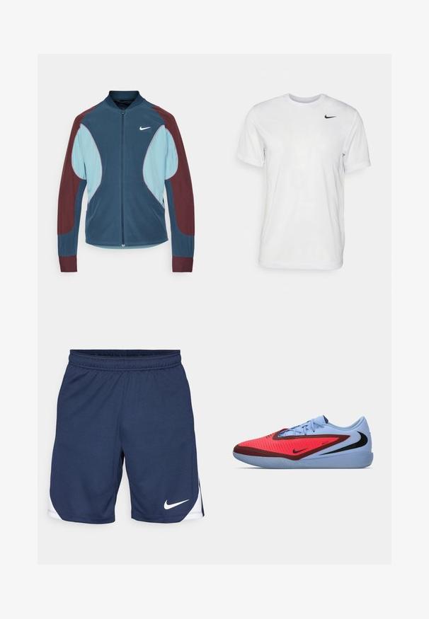 Chaqueta de pista de Nike con cierre frontal de cremallera, paneles azul y marrón, puños acanalados y un pequeño logo blanco en el pecho. Textura de tela suave.; Camiseta blanca de manga corta hecha de tela suave. Presenta un cuello redondo y un pequeño logo negro de Nike en el pecho izquierdo.; Bermudas deportivas azul marino hechas de tela texturizada, con una cinturilla elástica y un logo blanco de Nike en el dobladillo.; Zapatilla deportiva Nike con parte superior azul, acentos rojos, un diseño texturizado y un logo negro. Suela de goma con un agarre con patrón.