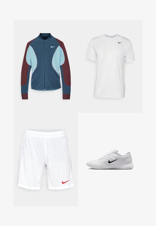 Nike Trackjacke mit Reißverschluss vorne, blauen und kastanienbraunen Paneelen, gerippten Bündchen und einem kleinen weißen Logo auf der Brust. Glatte Stoffstruktur.; Weißes T-Shirt mit kurzen Ärmeln aus glattem Stoff. Verfügt über einen runden Halsauschnitt und ein kleines schwarzes Nike-Logo auf der linken Brust.; Weiße Nike Sportshorts mit elastischem Bund, Mesh-Struktur und rotem Swoosh-Logo auf der unteren linken Seite.; Weißer Sportschuh mit strukturiertem Mesh-Obermaterial, schwarzem Nike-Swoosh, gepolstertem Kragen und Gummisohle mit einem Profilmuster.