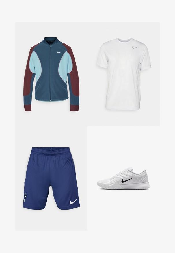 Chaqueta de pista de Nike con cierre frontal de cremallera, paneles azul y marrón, puños acanalados y un pequeño logo blanco en el pecho. Textura de tela suave.; Camiseta blanca de manga corta hecha de tela suave. Presenta un cuello redondo y un pequeño logo negro de Nike en el pecho izquierdo.; Pantalones cortos deportivos Nike en azul oscuro, con una cinturilla elástica, acentos blancos laterales y un logo de club en la pierna izquierda.; Zapatilla deportiva blanca con parte superior de malla texturizada, swoosh negro de Nike, cuello acolchado y suela de goma con un patrón de taco.