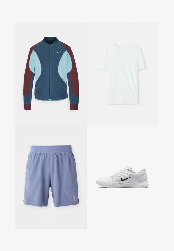 Nike Trackjacke mit Reißverschluss vorne, blauen und kastanienbraunen Paneelen, gerippten Bündchen und einem kleinen weißen Logo auf der Brust. Glatte Stoffstruktur.; Helles mintgrünes T-Shirt mit kurzen Ärmeln aus weichem Stoff. Es hat einen Rundhalsausschnitt und einen schlichten, geraden Schnitt ohne Verzierungen.; Hellblaue Sportshorts mit elastischem Bund, zwei seitlichen Taschen und einem kleinen weißen Logo an der Unterseite vorne rechts. Glatte Textur.; Weißer Sportschuh mit strukturiertem Mesh-Obermaterial, schwarzem Nike-Swoosh, gepolstertem Kragen und Gummisohle mit einem Profilmuster.