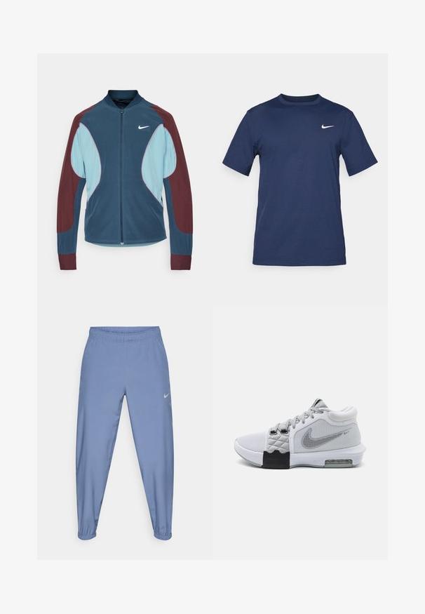 Chaqueta de pista de Nike con cierre frontal de cremallera, paneles azul y marrón, puños acanalados y un pequeño logo blanco en el pecho. Textura de tela suave.; Camiseta de Nike en azul marino, hecha de una tela suave, con mangas cortas, cuello redondo y un pequeño logo blanco en la parte superior del lado izquierdo del pecho.; Pantalones deportivos de color azul claro con cintura elástica, puños ajustados y un pequeño logotipo gris de Nike en el lado izquierdo. Textura suave.; Zapatilla deportiva en gris y blanco con parte superior de malla, textura acolchada, suela de goma negra y amortiguación de aire visible en el talón.