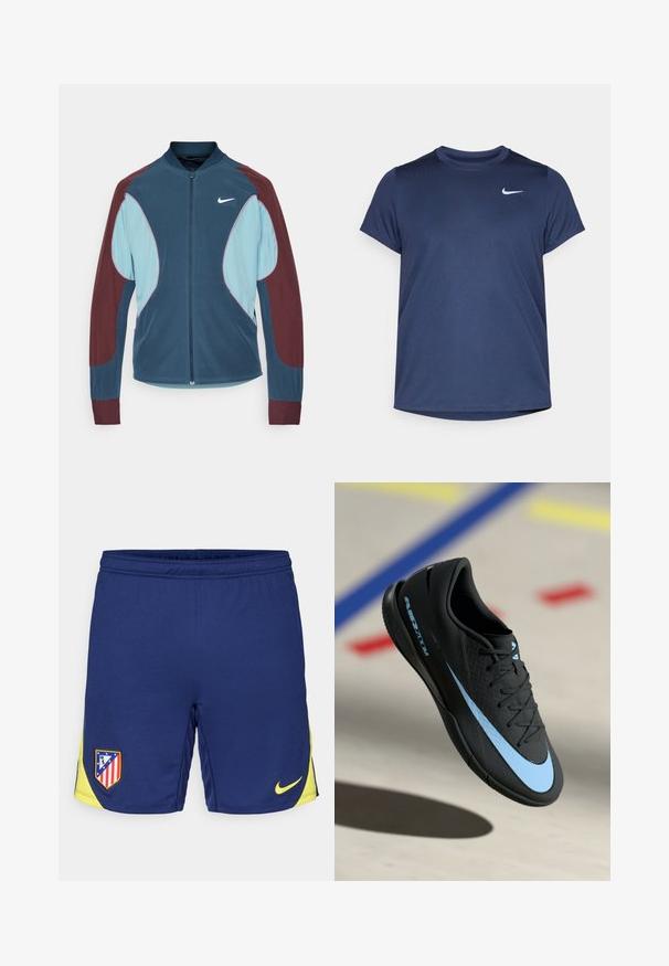 Veste de survêtement Nike avec fermeture éclair sur le devant, panneaux bleu et bordeaux, poignets côtelés et un petit logo blanc sur la poitrine. Texture de tissu lisse.; T-shirt de sport à manches courtes bleu marine fabriqué en tissu léger et lisse; présente un petit logo Nike blanc en haut à gauche.; Shorts de sport bleu marine avec des accents jaunes, dotés d'un patch de logo d'équipe et d'un petit swoosh Nike. Fabriqués en tissu respirant.; Chaussure de sport noire avec accents bleus, surface texturée, design à lacets et logo Nike distinctif. Semelle en caoutchouc avec motifs de grip.