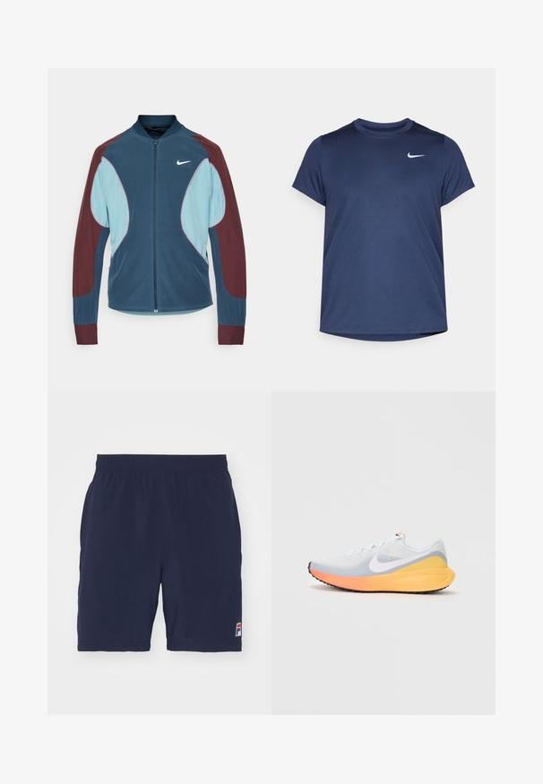 Nike hardloopjack met een ritssluiting aan de voorkant, blauwe en bordeauxrode panelen, ribgebreide manchetten en een klein wit logo op de borst. Gladde stoftextuur.; Marineblauwe sportieve t-shirt met korte mouwen, gemaakt van gladde, lichte stof; heeft een klein wit Nike-logo op de bovenste linkerzijde.; Marineblauwe sportshorts van ademend materiaal met een elastische tailleband en een klein logo-embleem aan de linkerbenedenhoek.; Lichtblauwe hardloopschoen met een ademend bovenwerk van mesh. Bevat een witte swoosh, een oranje en gele tussenzool, en een zwarte buitenzool voor grip.