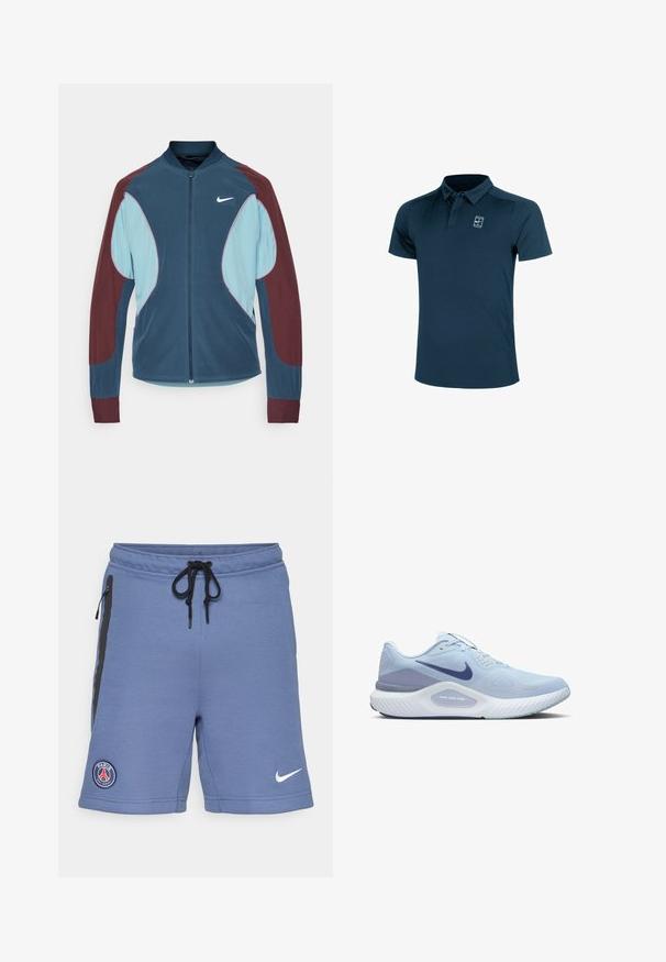 Nike Trackjacke mit Reißverschluss vorne, blauen und kastanienbraunen Paneelen, gerippten Bündchen und einem kleinen weißen Logo auf der Brust. Glatte Stoffstruktur.; Marineblaue Polo-Shirt aus glattem Stoff, mit Kragen und kurzen Ärmeln. Kleines weißes Logo auf der Brust.; Blaue Sportshorts aus weichem Gewebe, mit schwarzen seitlichen Reißverschlüssen, einem Kordelzugbund und einem Paris Saint-Germain-Logo auf der linken Seite.; Hellblauer Sportschuh mit einem atmungsaktiven Mesh-Obermaterial, dunkelblauen Akzenten, strukturiertem Sohle und gepolstertem Unterstützungssystem.