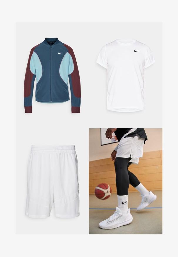 Nike hardloopjack met een ritssluiting aan de voorkant, blauwe en bordeauxrode panelen, ribgebreide manchetten en een klein wit logo op de borst. Gladde stoftextuur.; Witte korte mouwen Nike t-shirt van glad synthetisch materiaal, voorzien van een zwart logo aan de linkerkant van de borst.; Witte sportieve shorts gemaakt van gestructureerde, ademende meshstof. Bevat een elastische tailleband en gelaagde ontwerpelementen.; Nike Performance PRECISION 7 - Basketbalschoenen - white/light smoke grey/photon dust