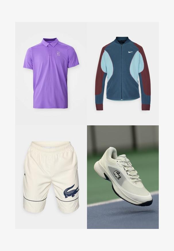 Chaqueta de pista de Nike con cierre frontal de cremallera, paneles azul y marrón, puños acanalados y un pequeño logo blanco en el pecho. Textura de tela suave.; Camisa polo corta de manga en color púrpura con collar y tapeta de dos botones, que presenta un logo de tenis de Nike en blanco en el lado izquierdo del pecho.; Pantalones cortos color crema hechos de un material texturizado con una cintura elástica. Presentan un logo de cocodrilo en color marino y un detalle de línea azul en el dobladillo.; Zapatilla deportiva blanca con parte superior de malla, acentos negros, suela texturizada y un logotipo prominente en el lateral, exhibida con un fondo de cancha.