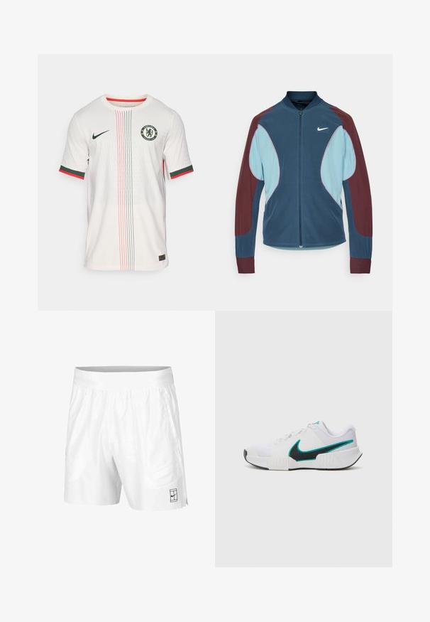 Nike Trackjacke mit Reißverschluss vorne, blauen und kastanienbraunen Paneelen, gerippten Bündchen und einem kleinen weißen Logo auf der Brust. Glatte Stoffstruktur.; Weißes Fußballtrikot mit strukturiertem Muster, ausgestattet mit grünen und roten Streifen, Rundhalsausschnitt, kurzen Ärmeln und Chelsea FC-Logo auf der Brust.; Weiße Sportshorts aus leichtem Gewebe mit einem elastischen Bund, ausgestattet mit zwei Seitentaschen und einem kleinen schwarzen Logo am Saum.; Weißer Sportschuh mit strukturiertem Mesh-Obermaterial, schwarzer Gummisohle und türkisfarbenem Nike-Swoosh-Akzent. Verfügt über Schnürsenkel und gepolsterten Kragen.