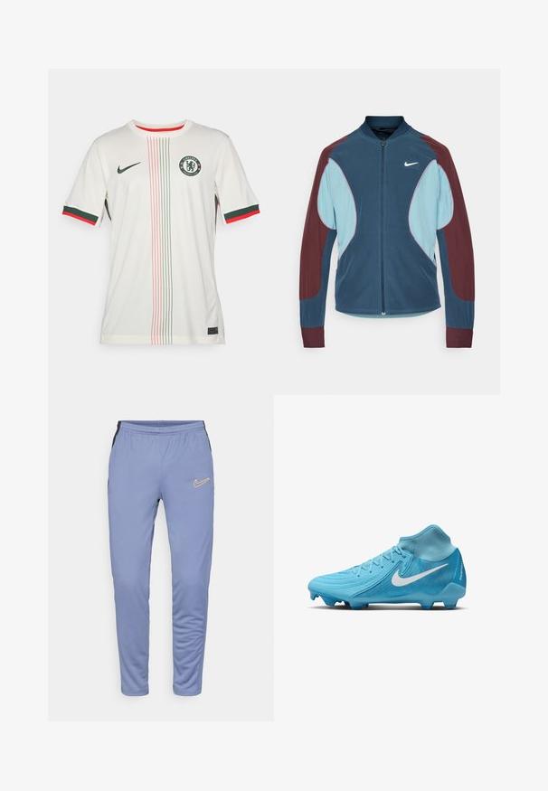 Veste de survêtement Nike avec fermeture éclair sur le devant, panneaux bleu et bordeaux, poignets côtelés et un petit logo blanc sur la poitrine. Texture de tissu lisse.; Maillot de football blanc à manches courtes, avec des accents verts et rouges aux poignets et au col, un blason central et des rayures verticales colorées. Logo Nike présent.; Pantalons de sport bleu clair en tissu doux, avec des panneaux latéraux noirs, une taille élastique et un logo Nike jaune sur la cuisse gauche.; Crampons de football bleu clair avec un design haut, surface texturée, logo Nike blanc et crampons moulés pour une traction sur les surfaces herbeuses.