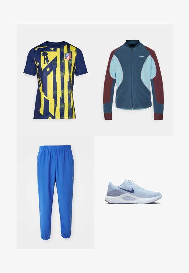 Nike Trackjacke mit Reißverschluss vorne, blauen und kastanienbraunen Paneelen, gerippten Bündchen und einem kleinen weißen Logo auf der Brust. Glatte Stoffstruktur.; Sporttrikot in Marineblau und Gelb, mit auffälligen vertikalen Streifen, strukturierten Mustern und einem Vereinslogo auf der Brust sowie einem Rundhalsausschnitt.; Blaue Sporthosen mit elastischem Bund, geradem Bein und schmal zulaufenden Säumen. Mit dem goldenen Nike-Logo auf der linken Seite.; Hellblauer Sportschuh mit einem atmungsaktiven Mesh-Obermaterial, dunkelblauen Akzenten, strukturiertem Sohle und gepolstertem Unterstützungssystem.