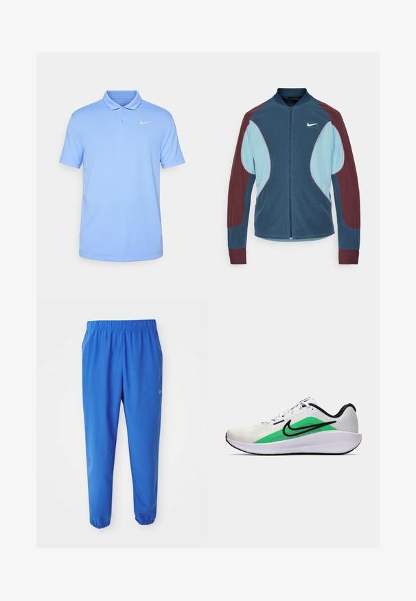Nike hardloopjack met een ritssluiting aan de voorkant, blauwe en bordeauxrode panelen, ribgebreide manchetten en een klein wit logo op de borst. Gladde stoftextuur.; Nike Performance SOLID - Poloshirt - royal pulse/white; Blauwe sportieve broek met elastische tailleband, recht gesneden pijpen en taps toelopende boorden. Bevat het Nike-logo in het goud aan de linkerzijde.; Witte sportieve schoen met een groene accenta, zwart logo, bovenwerk van mesh, gevoerde zool en een afgeronde hak. Voorzien van veters en contrasterende details.