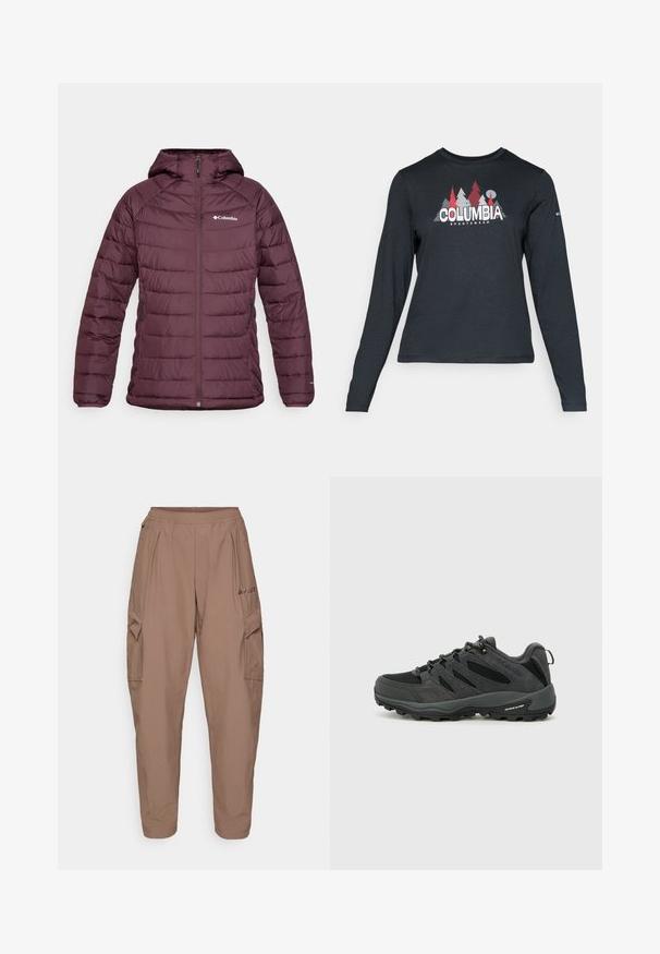 Viininpunainen puffatakki hupulla, tikattu muotoilu, etuvetoketju ja kaksi sivutaskua. Rinnassa on Columbia-logo.; Tummanharmaa pitkähihaisen paidan graafinen kuva punaisista puista ja vuorista; "COLUMBIA" -logo lihavoituna valkoisella tekstillä. Pehmeä kangas, normaali pyöreä kaula-aukko.; Ruskeat cargo-housut elastisella vyötäröllä, kahdella sivutaskulla ja teksturoidulla kankaalla. Etuosassa logon brodeeraus.; Columbia REDMOND - Vaelluskengät - black/citron haze