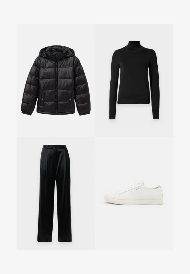 Chaqueta de plumas acolchada negra con capucha, cierre de cremallera, bolsillos con botón a presión, puños elásticos y parche de logo en la manga izquierda.; Suéter negro de manga larga con cuello de tortuga, con puños y dobladillo acanalados, exhibido sobre un fondo blanco liso.; Pantalones de satén negros de tiro alto con piernas anchas rectas, presillas para cinturón y cierre frontal plano sobre un fondo blanco liso.; Zapatillas de cuero blanco con una textura suave, puntera redonda, ojales mínimos y una suela de goma plana. Diseño simple sin acentos adicionales.