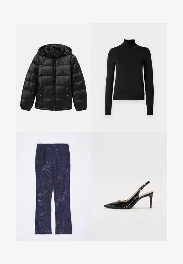 Czarna pikowana kurtka puchowa z kapturem, zamek błyskawiczny, kieszenie zapinane na napy, elastyczne mankiety oraz naszywka z logo na lewym rękawie.; Czarny sweter z długim rękawem i stojącym kołnierzem, z prążkowanymi mankietami i dołem, zaprezentowany na białym tle.; Granatowe spodnie z koronki o rozkloszowanym kroju, z pasem, dwiema przednimi kieszeniami i zapięciem na guziki. Wzorzyste z misternymi detalami koronkowymi.; Czarne lakierowane szpilki typu slingback z szpiczastym noskiem, smukłym obcasem i subtelnym wycięciem. Posiadają złotą klamrę na pasku.