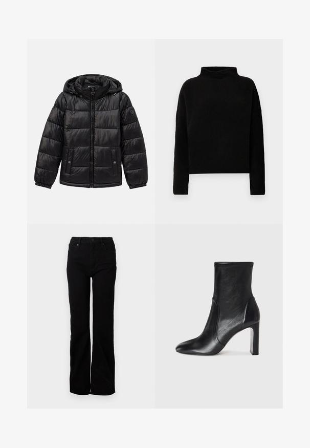 Black quilted puffer jacket with hood, zip closure, snap-button pockets, elastic cuffs, and logo patch on the left sleeve.; Black turtleneck sweater made from soft fabric, featuring long sleeves and a relaxed fit, with minimal seams and no visible embellishments.; Black denim jeans with a straight leg design, five-pocket styling, front button closure, and subtle texture. No visible patterns or accents.; Black leather ankle boot with a sleek design, pointed toe, and a high block heel. Features smooth texture and minimalistic stitching detail.