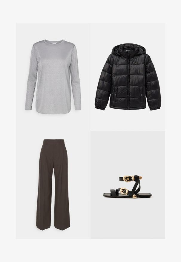Črna podložena puhovka s kapuco, zadrgo, žepoma na nastavek s gumbom, elastičnimi manšeti in logotipom na levem rokavu.; Srebrna majica z dolgimi rokavi iz sijočega materiala, z okroglim ovratnikom in gladko teksturo s subtilnim leskom.; Temno rjave široke hlače z visokim pasom, ki imajo lepo stisnjene gube, gladko teksturo in krojen fit.; Črne usnjene sandale z zlatimi zaponkami, ki imajo več trakov in ravno podplati za nošenje brez prstov.