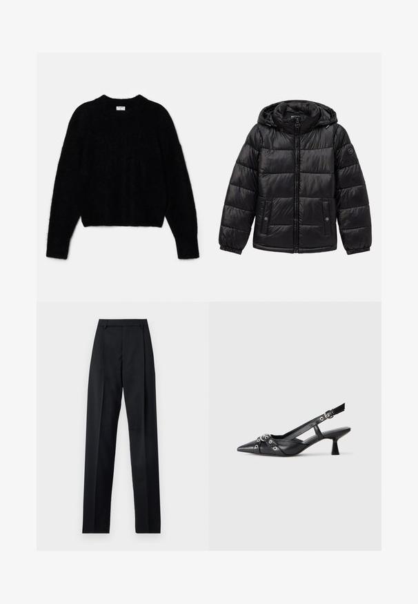 Zwarte gewatteerde pufferjack met capuchon, ritssluiting, drukknoopzakken, elastische manchetten en logo-opdracht op de linkermouw.; Zwarte cropped trui van pluizig materiaal. Heeft een ronde halslijn en lange mouwen met een zachte textuur. Minimalistisch ontwerp, zonder patronen.; Zwarte broek gemaakt van gladde stof met een hoge taille, wijde benen, voorplooien en klassieke ceintuurlussen. Geen zijzakken zichtbaar.; Zwarte leren slingback schoen met een puntige neus, decoratieve banden met metalen oogjes en een lage blokhak. Textuur oppervlak.