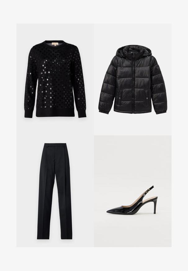 Juodas siuvinėtas pūkinis švarkas su kauke, užtrauktuku, spaudėmis kišenėmis, elastingomis rankogaliais ir logotipo aplikacija kairiajame rankove.; Juodas megztinis su tekstūruotu paviršiumi, puikuojantis blizgiais apskritais blizgučiais skirtingų dydžių, su raižytu apykaklės ir ilgomis rankovėmis.; Juodos kelnės iš lygaus audinio, pasižyminčios aukštu liemeniu, plačiomis kojomis, priekinėmis klostėmis ir klasikiais diržo kilpomis. Šoninių kišenių nematyti.; Juodas lakinės odos slingback batelis su smailiu nosiu, plonu kulnu ir subtiliu išpjovos dizainu. Yra auksinė sagtis ant dirželio.