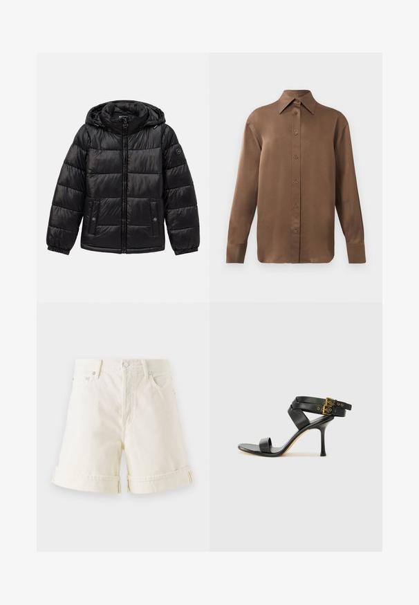 Giacca a vento può nera con trapuntatura, cappuccio, chiusura con zip, tasche con bottoni a pressione, polsini elasticizzati e patch con logo sulla manica sinistra.; Camicia marrone a maniche lunghe con bottone, colletto e polsini a punta, esposta su uno sfondo bianco uniforme.; Pantaloni shorts in denim chiaro con taglio dritto, orli arrotolati e design classico a cinque tasche. Presentano accessori in metallo argentato.; Sandal nero con tacco a spillo, straps incrociati e fibbia regolabile. Presenta una texture liscia e un tacco affusolato.