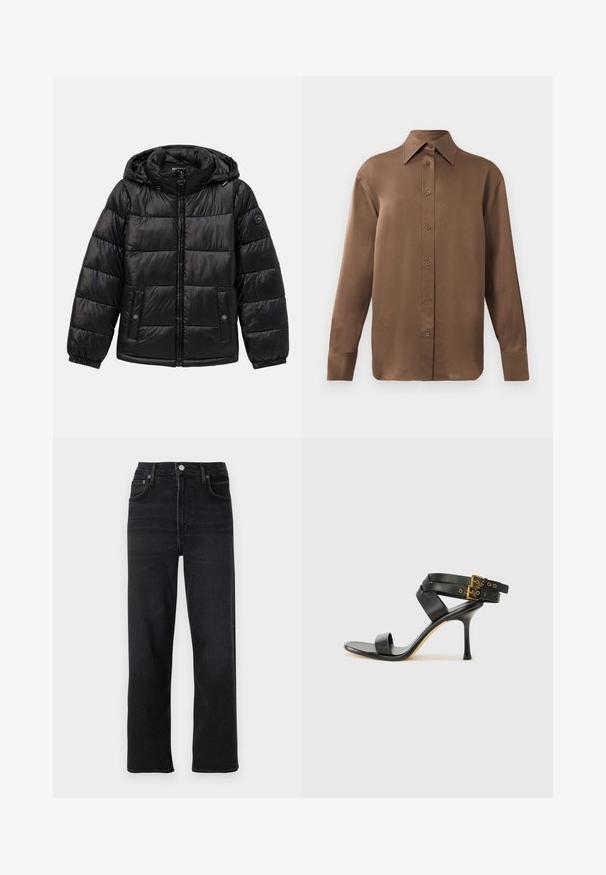 Mustat tikkikuvioiset toppatakki hupulla, vetoketjukiinnitys, nepparilla varustetut taskut, joustavat hihansuut ja logo-patch vasemmassa hihassa.; Kahvi pitkähihainen napitettava paita, jossa on terävä kaulus ja hihansuut, esillä yksinkertaisen valkoisen taustan edessä.; Mustat suorat farkut, jotka on valmistettu denimitPrepare. Ominaisuuksiin kuuluvat viisi taskua, napilla ja vetoketjulla varustettu sulku sekä hienovaraiset ompeluyksityiskohdat.; Mustat korot kengät, joissa on ristikkäiset hihnat ja säädettävä solki. Ominaisuuksiin kuuluu sileä pinta ja kapeneva stilettokorko.