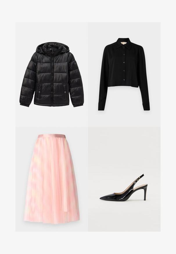 Melnā uzpušķotā puffer jaka ar kapuci, ar rāvējslēdzēju, pogu kabatām, elastīgām piedurknēm un logo uzlīmi kreisajā piedurknē.; Melnas īsās piedurknes krekls ar garām piedurknēm, smailu apkakli un pogu aizdari. Izgatavots no gludas auduma ar brīvu piegriezumu un piedurkņu apakšām.; Ida Sjöstedt FLAWLESS SKIRT - A-silueta svārki - pink; Melnas lakotās ādas slingback kurpes ar izteiktu degunu, šauru papēdi un smalku izgriezumu dizainu. Siksniņai ir zelta sprādze.