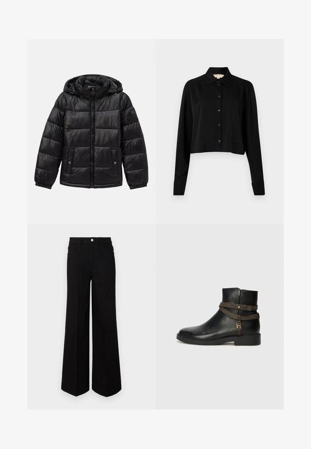Svart quilted puffer-jakke med hette, glidelås foran, knapp-lukking lommer, elastiske mansjetter og en logo-patch på venstre erme.; Svart forkortet skjorte med lange ermer, spiss krage og knappelukking foran. Laget av glatt stoff med en avslappet passform og oppbrettede ermer.; Sorte viddejeans laget av robust stoff, med høyt liv, frontlommer og knappelukking foran. Flat kant nederst.; Sorte lær ankelstøvletter med flad sål, prydet med et brunt mønstret bånd og detaljer i guld-tone. Glat tekstur.