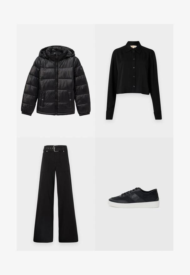 Svart quilted puffer-jakke med hette, glidelås foran, knapp-lukking lommer, elastiske mansjetter og en logo-patch på venstre erme.; Svart forkortet skjorte med lange ermer, spiss krage og knappelukking foran. Laget av glatt stoff med en avslappet passform og oppbrettede ermer.; Sorte vidde bukser laget av bomull, med høy midje, store sidelommer og belte med sølv detaljer.; Svart lærersneaker med hvit gummisåle, med teksturerte paneler og snøring. Minimalistisk design uten synlig merkevare.