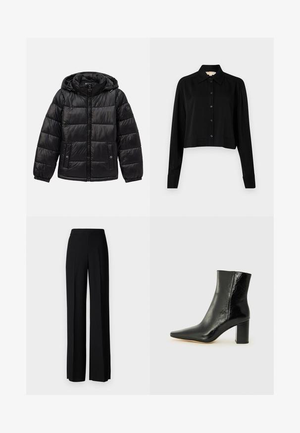 Fekete steppelt puffermellény kapucnival, cipzáros záródással, patentos zsebekkel, elasztikus mandzsettákkal és logóval a bal ujjon.; Fekete, rövid fazonú ing hosszú ujjakkal, hegyes gallérral és gombos elejével. Simító anyagból készült, laza szabású és megkötött ujjaival.; Fekete, széles szárú nadrág sima tapintással, magas derékkal és középen pliszével. Nincsenek látható minták vagy fém részletek.; Fekete bokacsizma fényes bőrből, hegyes orral és tömör, négyzet alakú sarokkal. Simácska textúrával és minimalista dizájnnal rendelkezik.
