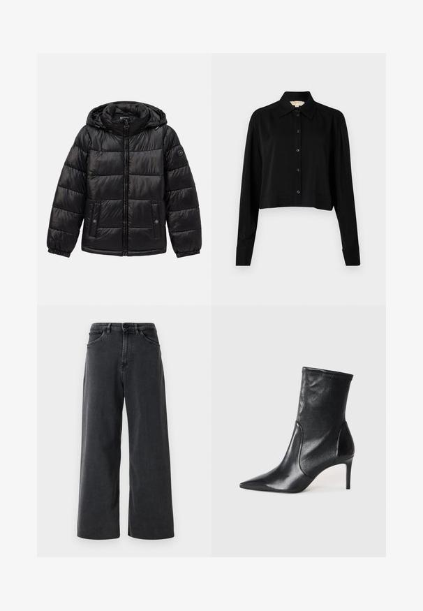 Juodas siuvinėtas pūkinis švarkas su kauke, užtrauktuku, spaudėmis kišenėmis, elastingomis rankogaliais ir logotipo aplikacija kairiajame rankove.; Juodas trumpas marškinėliai su ilgomis rankovėmis, smailiu apykakle ir mygtukų priekyje. Pagamintas iš lygaus audinio su laisvu siluetu ir apverčiamos rankovėmis.; Juodų plačių džinsų kelnių su priekiniais mygtukais ir užtrauktuku, diržo kilpomis ir priekinėmis kišenėmis, fonas - balta spalva.; Juodi kulkšneliai, pagaminti iš lygaus odos, su smailiu nosiu, prigludusia ašimi ir siauru aukštu kulnu. Minimalistinis dizainas be matomų detalių.