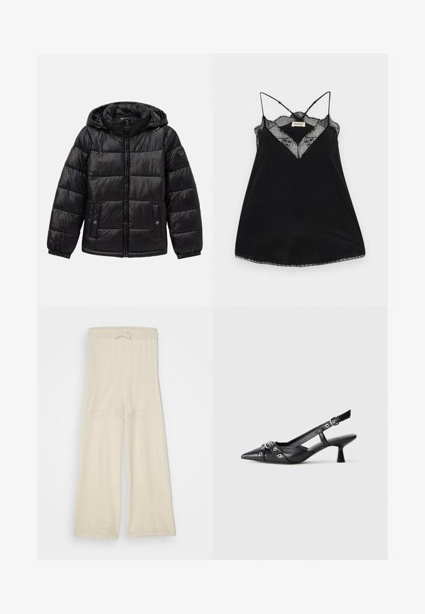 Geacă pufată neagră, matlasată, cu glugă, închidere cu fermoar, buzunare cu capse, manșete elastice și patch cu logo pe mâneca stângă.; Camisolă neagră cu bretele ajustabile, featuring un decolteu din dantelă adânc și margini ondulate. Material neted cu un ușor luciu.; Pantaloni largi din plasă, de culoare bej deschis, cu un brâu elastic ajustabil, având o croială lejeră și o suprafață texturată. Potrivit pentru îmbrăcăminte casual.; Pantofii slingback din piele neagră, cu vârful ascuțit, curele decorative cu ochiuri din metal și toc bloc mic. Suprafață texturată.