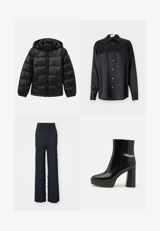 Črna podložena puhovka s kapuco, zadrgo, žepoma na nastavek s gumbom, elastičnimi manšeti in logotipom na levem rokavu.; Črna srajca z dolgimi rokavi in ovratnikom, ki ima gubasto teksturo, celotno zapenjanje na gumb in manšete. Izdelana iz gladkega materiala.; Široke hlače v temno sivi tkanini z valovitimi teksturami, visokim pasom in gladkim zaključkom ter strukturirano obliko.; Črne lakirane gležnjarje z debelo platformo in visokim blok peto. Imajo srebrno verigo kot okras ob strani. Gladka tekstura.