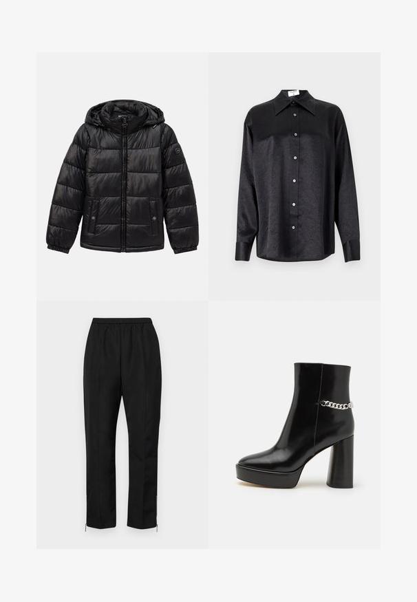 Mustat tikkikuvioiset toppatakki hupulla, vetoketjukiinnitys, nepparilla varustetut taskut, joustavat hihansuut ja logo-patch vasemmassa hihassa.; Musta pitkähiha vaarallista paitaa, jossa on kauluspanta, ryppytynyt pinta, täysi napitus edessä ja hihansuut. Valmistettu sileästä kankaan.; Mustat housut, joissa on joustava vyötärö, suorat lahkeet ja vetskarit nilkoissa. Kangas on sileä ja siinä on minimaalinen muotoilu.; Musta kiiltävä keinonahkasaapas nilkkapituisena, jossa on jykevä pohja ja korkea paljekorko. Sivussa on hopeinen ketjuviimeistely. Sileä pinta.