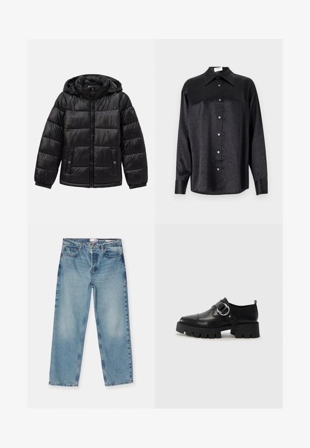 Geacă pufată neagră, matlasată, cu glugă, închidere cu fermoar, buzunare cu capse, manșete elastice și patch cu logo pe mâneca stângă.; Cămașă neagră cu mânecă lungă, cu guler, cu o textură șifonată, cu nasturi pe toată lungimea și manșete. Fabricată dintr-un material neted.; Jeans drept de culoare albastru deschis, cu un finisaj decolorat, având cinci buzunare, bucle pentru curea și închidere cu fermoar. Material din denim de bumbac.; Pantofi din piele neagră cu o talpă groasă, nervurată, având un accent circular din metalargintiu și un detaliu minim de cusătură.