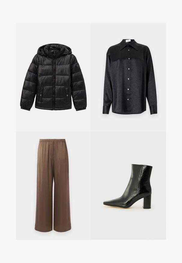 Black quilted puffer jacket with hood, zip closure, snap-button pockets, elastic cuffs, and logo patch on the left sleeve.; Black long-sleeve shirt with a collared neckline, featuring a crinkled texture, full button front, and cuffs. Made from a smooth fabric.; Brown wide-leg pants with elastic waistband and smooth fabric, displayed against a plain white background.; Black ankle boot made of glossy leather with a pointed toe and a chunky, square heel. Features a smooth texture and minimalistic design.