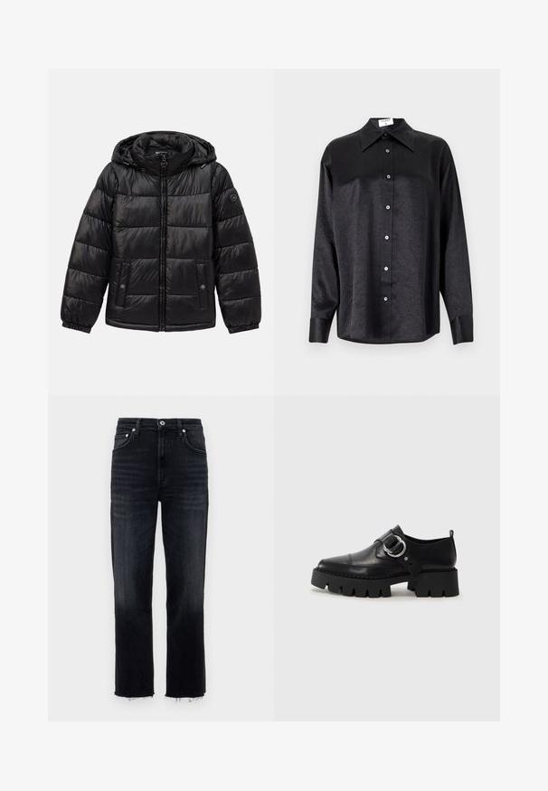 Čierna prešívaná puffa bunda s kapucňou, so zipsom, náprsnými vreckami so zapínaním na patentky, elastickými manžetami a logom na ľavom rukáve.; Čierna košeľa s dlhým rukávom a golierom, s pokrčenou textúrou, plne gombíkovou prednou časťou a manžetami. Vyrobená z hladkého materiálu.; Džíny s vysokým pásom a rovným strihom v tmavom denime, so strapcovým lemom a klasickým dizajnom s piatimi vreckami a striebornými doplnkami.; Čierne kožené topánky s hrubou, rebrovanou podrážkou, vyznačujúce sa okrúhlou striebornou kovovou ozdobou a minimálnym prešívaním.