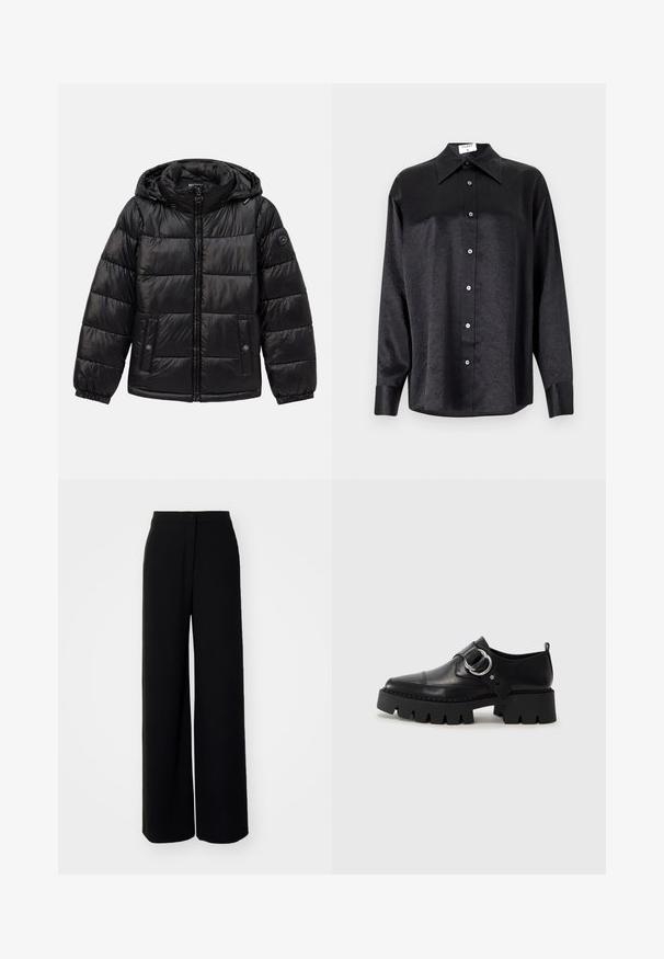 Zwarte gewatteerde pufferjack met capuchon, ritssluiting, drukknoopzakken, elastische manchetten en logo-opdracht op de linkermouw.; Zwarte blouse met lange mouwen en een kraag, voorzien van een gekreukt oppervlak, volwaardige knopen aan de voorkant en manchetten. Gemaakt van een gladde stof.; Zwarte wijde broek met hoge taille, zachte stof, een sluiting met knopen aan de voorkant en zonder zichtbare zakken, met een aansluitende pasvorm.; Zwarte leren schoenen met een robuuste, geribbelde zool, voorzien van een ronde zilveren hardwareaccent en minimale stikdetails.