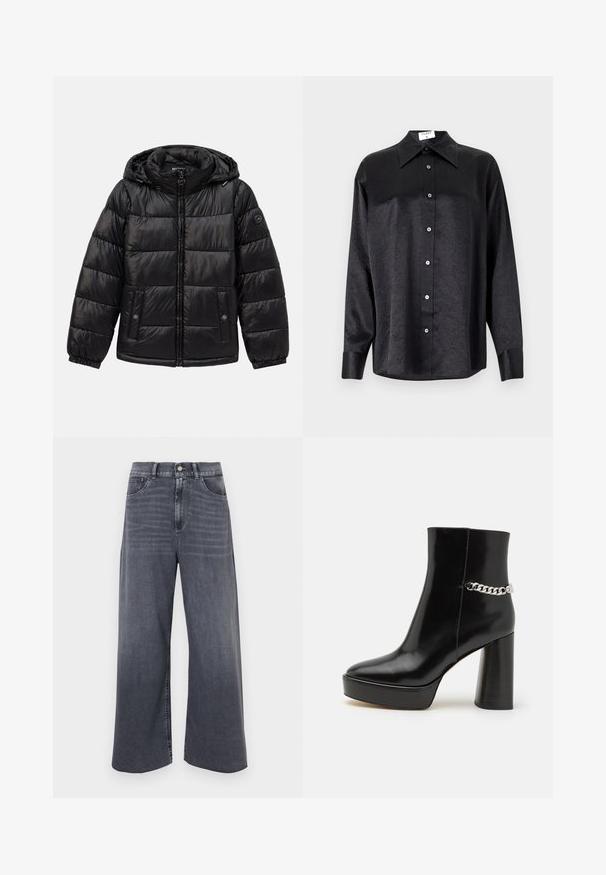 Crna jakna s kvačicama, s kapuljačom, zatvaranjem na patentni zatvarač, džepovima na dugmad, elastičnim manžetama i logotipom na lijevom rukavu.; Crna košulja dugih rukava s ovratnikom, s naboranom teksturom, potpuno dugmadi naprijed i manžetama. Izrađena od glatkog materijala.; Široke tamno sive traperice s visokim strukom, s dugmetom za zatvaranje, petljama za remen i prednjim džepovima. Glatka tekstura i uredan završetak.; Crne lakirane kožne gležnjače s debelim platformom i visokim blok štiklom. Imaju srebrni lanac kao detalj sa strane. Glatka tekstura.