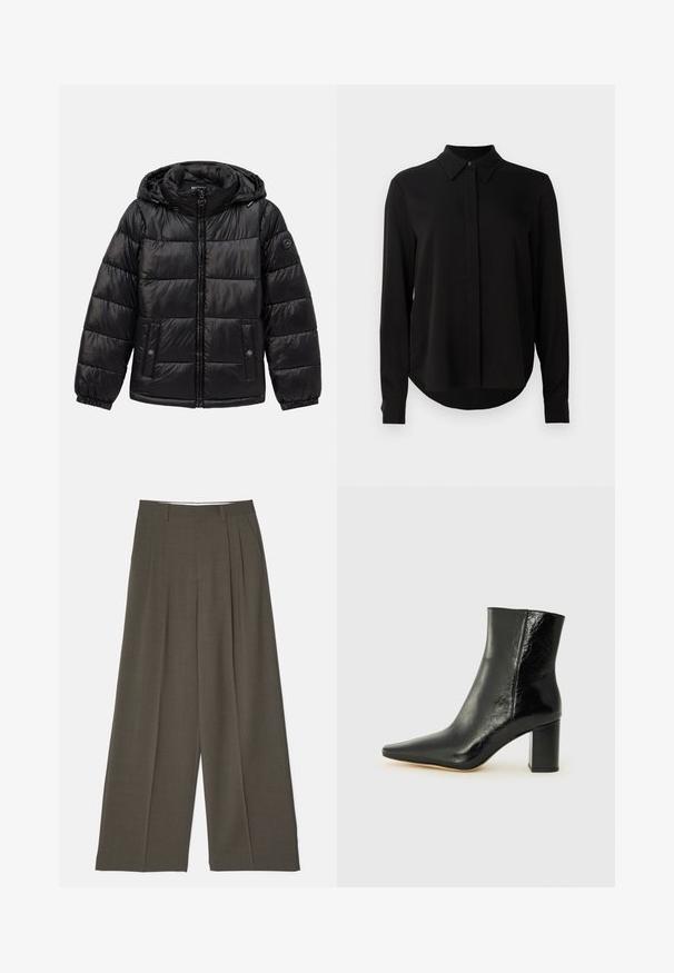 Black quilted puffer jacket with hood, zip closure, snap-button pockets, elastic cuffs, and logo patch on the left sleeve.; Black long-sleeve blouse with pointed collar, concealed button placket, and curved hem against a plain white background.; Wide-leg trousers in dark olive green fabric, featuring front pleats, a flat waistband, and a smooth texture. No visible pockets or detailing.; Black ankle boot made of glossy leather with a pointed toe and a chunky, square heel. Features a smooth texture and minimalistic design.