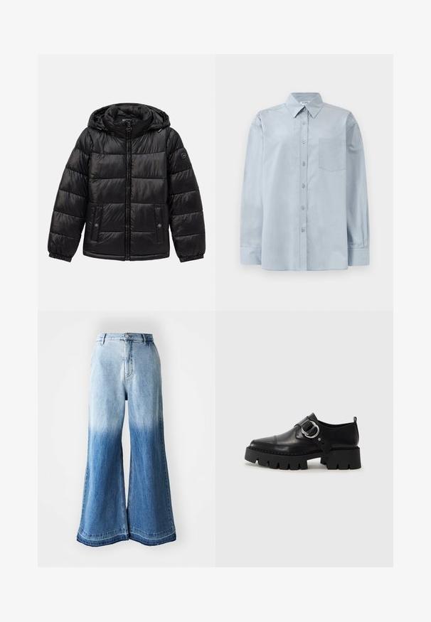 Veste en duvet matelassée noire avec capuche, fermeture éclair, poches à boutons-pression, poignets élastiques et écusson logo sur la manche gauche.; Chemise boutonnière à manches longues, de couleur bleu clair, avec un col pointu et une poche poitrine, posée à plat sur un fond blanc.; Jeans en denim bleu clair à jambe large avec un dégradé de couleur allant du clair au foncé, ourlet cousu et design à cinq poches.; Chaussures noires en cuir avec une semelle épaisse et côtelée, présentant un accent en métal argenté circulaire et des détails de couture minimalistes.