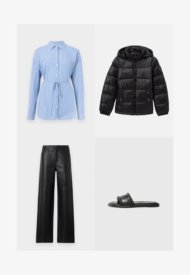 Schwarze, gesteppte Daunenjacke mit Kapuze, Reißverschluss, Druckknopf-Taschen, elastischen Bündchen und Logo-Patch am linken Ärmel.; Hemdbluse in Hellblau mit weißen vertikalen Streifen. Verfügt über einen Kragen, lange Ärmel und einen Kordelzug in der Taille zur Betonung der Silhouette.; Weite schwarze Lederhosen mit glatter Textur, ausgestattet mit Fronttaschen, einem Knopfverschluss und dezenten Steppnähten.; Schwarze Ledersandale mit einem gewebten Riemen-Detail, flacher Sohle und schlankem Design. Glatte Textur und minimalistisches Profil.