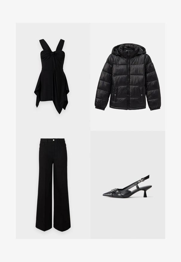 Giacca a vento può nera con trapuntatura, cappuccio, chiusura con zip, tasche con bottoni a pressione, polsini elasticizzati e patch con logo sulla manica sinistra.; Abito nero con un corpetto aderente, dettaglio annodato davanti, spalline larghe e orlo asimmetrico con tessuto fluente.; Jeans neri a gamba larga realizzati in tessuto resistente, con vita alta, tasche frontali e chiusura con bottone anteriore. Orlo piatto sul fondo.; Scarpa slingback nera in pelle con punta affusolata, cinturini decorativi con occhielli metallici e tacco basso a blocco. Superficie testurizzata.