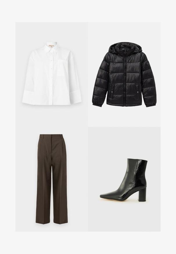 Svart quilted puffer-jakke med hette, glidelås foran, knapp-lukking lommer, elastiske mansjetter og en logo-patch på venstre erme.; Hvit skjorte med knapper laget av bomull, med spiss krage, lange ermer, brystlomme og løs passform.; Brune vide bukser med en glat tekstur, der har høj talje, frontfolder og et skræddersyet design. Ingen synlige lommer eller dekorationer.; Svart ankelstøvel laget av blankt lær med spiss tå og en robust, firkantet hæl. Har en glatt tekstur og en minimalistisk design.