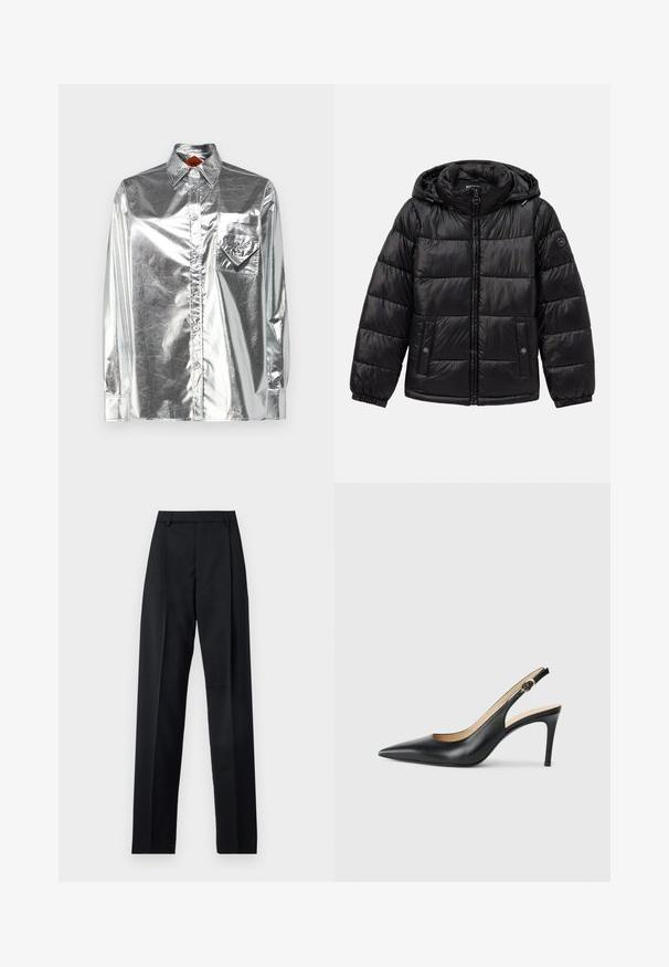 Fekete steppelt puffermellény kapucnival, cipzáros záródással, patentos zsebekkel, elasztikus mandzsettákkal és logóval a bal ujjon.; MCM METALLIC SHIRT - Gombos blúz - silver; Fekete nadrág sima anyagból, magas derékkal, széles lábakkal, elülső redőkkel és klasszikus övhurkokkal. Oldalzsebek nem láthatók.; Fekete bőrből készült, hegyes orrú, állítható pánttal rendelkező magassarkú szandál, elegáns tűsarokkal, sima felülettel.